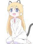  1girl absurdres animal_ears barefoot blonde_hair blue_eyes blush cat_ears cat_tail full_body highres lab_coat necktie nichijou oversized_clothes professor_shinonome red_necktie sabudominanto sitting solo tail wariza white_background 