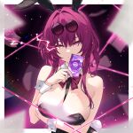  1girl absurdres alternate_costume animal_ears black_leotard border breasts card chinese_commentary cleavage commentary_request eye_trail eyewear_on_head fake_animal_ears fake_tail hair_intakes highres holding holding_card honkai:_star_rail honkai_(series) kafka_(honkai:_star_rail) large_breasts leotard light_trail long_hair looking_at_viewer playboy_bunny purple_eyes purple_hair rabbit_ears rabbit_tail round_eyewear smile solo srf_feng sunglasses tail tarot tarot_card white_border wrist_cuffs 
