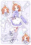  1girl absurdres ahoge akechi_anna apron bandaid bandaid_on_leg blue_shoes charm_(object) commentary frilled_apron frilled_skirt frills full_body green_eyes hair_ornament hand_up highres hiiragi_syuu jacket jersey_maid leg_warmers long_sleeves looking_at_viewer maid maid_apron maid_headdress meitantei_precure! orange_hair precure purple_jacket purple_skirt shoes skirt sleeves_past_wrists sneakers tenshi_kaiwai track_jacket unconventional_maid watermark white_apron white_leg_warmers wing_hair_ornament 