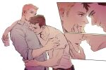  2boys alternate_universe arm_around_shoulder belt black_pants blonde_hair blue_eyes brown_belt brown_hair bucky_barnes captain_america_(series) collarbone collared_shirt commentary cup drunk english_commentary green_eyes hand_on_another's_face hand_on_another's_shoulder hand_on_another's_waist holding holding_cup imminent_kiss looking_at_another male_focus marvel multiple_boys open_collar pants parted_lips profile shirt shirt_tucked_in short_hair short_sideburns sideburns smile steve_rogers t-shirt white_background wing_collar yaoi yummyman 