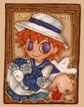  1boy bemani blue_flower blue_rose border bouquet brown_border closed_mouth commentary_request dated flower hat holding holding_bouquet kevin_(pop'n_music) looking_at_viewer mokyu-mokyu nana_(pop'n_music) orange_hair pop'n_music purple_eyes rose short_hair smile solo white_hat 