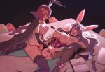  2girls absurdres alternate_costume anal_tail ass book breasts breasts_out butt_plug camilla_(fire_emblem) camilla_(spring_princess)_(fire_emblem) cloak clothing_aside commentary commission dildo easter_egg egg fake_tail fire_emblem fire_emblem_awakening fire_emblem_fates fire_emblem_heroes full-package_futanari futa_with_futa futanari glasses highres large_breasts lying magazine_(object) medium_breasts miriel_(fire_emblem) missionary multiple_girls nipples official_alternate_costume on_back on_bed open_book panties panties_aside pantyhose penis pornography pussy sex sex_toy spread_legs tail timbocactus torn_clothes torn_pantyhose underwear untranslatable_commentary vaginal 