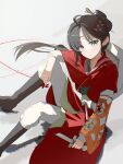  1girl absurdres arm_on_knee black_boots black_hair blue_eyes boots broken broken_sword broken_weapon chinese_clothes closed_mouth commentary_request facial_mark foot_out_of_frame forehead_mark garu_kim hair_branch hair_bun hanfu hat_on_back highres holding holding_sword holding_weapon jian_(weapon) korean_commentary long_hair looking_at_viewer pants paper_heron red_hanfu reverse:1999 sitting smile solo sword weapon weimao white_background white_pants 