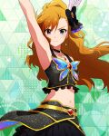  1girl arm_up belt black_bow black_choker black_skirt black_tank_top blue_eyes bow card_commentary choker closed_mouth commentary_request crescent crescent_earrings earrings feather_hair_ornament feathers floating_hair game_asset glitter gold_belt hair_bow hair_ornament heterochromia idolmaster idolmaster_(classic) idolmaster_million_live! idolmaster_million_live!_theater_days idolmaster_one_for_all jewelry leon_(idolmaster) leon_(real_ambition)_(idolmaster) long_hair looking_at_viewer midriff navel necklace official_alternate_costume official_art orange_hair pink_eyes ponytail skirt solo tank_top third-party_source 