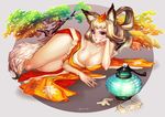  animal_ears arm_support breasts brown_eyes brown_hair cleavage fox_ears fox_tail kongiku large_breasts long_hair looking_at_viewer lying oboro_muramasa on_side solo tail thighs zhang_wei_yi 