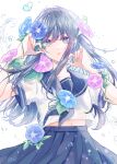  1girl absurdres blue_eyes blue_flower blue_hair blue_neckerchief blue_sailor_collar blue_skirt comiket_100 commentary_request flower hands_up highres kagamiya_ruru long_hair looking_at_viewer midriff_peek morning_glory navel neckerchief original parted_lips pink_flower pleated_skirt sailor_collar school_uniform serafuku short_sleeves simple_background skirt solo summer_uniform upper_body watermark white_background 