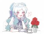  1girl beta_(inazuma_eleven) blue_hair bow bowtie commentary cup double_bun dress flower frilled_dress frilled_gloves frills gloves hair_bow hair_bun head_rest heart inazuma_eleven_(series) inazuma_eleven_cross inazuma_eleven_go inazuma_eleven_go_chrono_stone long_hair looking_at_viewer no_pupils official_alternate_costume oirabakumi4649 open_mouth puffy_short_sleeves puffy_sleeves purple_bow purple_bowtie purple_dress purple_eyes red_flower red_rose rose short_sleeves sitting smile solo table teacup vase white_background white_gloves 
