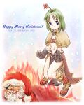  1boy 1girl antonio_(ragnarok_online) asiaaqua bad_id bandeau beard black_gloves blue_eyes boots breasts brown_capelet burning capelet cleavage commentary_request copyright_name eyepatch facial_hair fire flower flower_on_head frown fur-trimmed_gloves fur_trim gloves green_hair hat knee_boots mage_(ragnarok_online) merry_christmas navel pelvic_curtain pink_bandeau ragnarok_online red_boots red_flower red_hat santa_hat short_hair small_breasts 