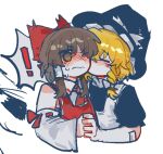  ! 2girls ascot bare_shoulders black_hat black_shirt blonde_hair blush bow braid brown_eyes brown_hair closed_eyes commentary_request detached_sleeves embodiment_of_scarlet_devil hair_bow hair_tubes hakurei_reimu hat hat_bow holding_hands kirisame_marisa kiss kissing_cheek l_fzxxxx multiple_girls official_alternate_costume red_ascot red_bow red_shirt ribbon-trimmed_sleeves ribbon_trim shirt side_braid single_braid sleeveless sleeveless_shirt touhou vest white_bow white_vest witch_hat yuri 