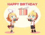  1boy 1girl ahoge belt black_sailor_collar black_shorts blonde_hair blush bon_bon_eee bow box chibi chibi_only commentary cropped_shirt detached_sleeves double-parted_bangs english_text frilled_shirt frills full_body gift gift_box green_eyes grey_sailor_collar grey_shorts hair_between_eyes hair_bow hair_ornament hairclip happy_birthday headphones highres kagamine_len kagamine_rin leg_warmers looking_at_viewer medium_hair midriff navel neckerchief necktie open_mouth parallel_hairclips parted_bangs sailor_collar shadow shirt shoes short_hair short_shorts short_sleeves shorts sidelocks simple_background sleeveless sleeveless_shirt standing teeth upper_teeth_only vocaloid white_bow white_shirt white_shoes yellow_background yellow_belt yellow_neckerchief yellow_necktie 