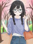  1girl absurdres bag black-framed_eyewear black_hair blue_pants braid braided_twintails cherry_blossoms closed_mouth commentary_request cowboy_shot crew_neck day denim double-parted_bangs falling_petals frown glasses green_eyes hanakuma_chifuyu handbag hands_up highres jeans long_hair looking_at_viewer low_twin_braids orange_bag outdoors pants petals pink_petals purple_shirt shirt shirt_tucked_in solo standing synthesizer_v t-shirt three-quarter_sleeves tree twin_braids undershirt v-lab 