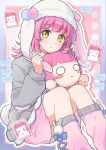  1girl animal_ears commentary_request fake_animal_ears grey_sweater highres love_live! love_live!_nijigasaki_high_school_idol_club pink_hair pink_skirt pink_socks rina-chan_board school_uniform short_hair sitting skirt socks solo songhuai stuffed_toy sweater tennoji_rina yellow_eyes 