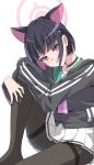  1girl absurdres animal_ears bell black_choker black_hair blue_archive cat_ears choker commentary_request green_sailor_collar grey_jacket grey_pantyhose halo highres jacket jingle_bell kazusa_(blue_archive) knees_up long_sleeves multicolored_hair neck_bell pantyhose parted_lips pink_hair pleated_skirt puffy_long_sleeves puffy_sleeves red_eyes ryoji_minato sailor_collar school_uniform serafuku simple_background sitting skirt smile solo thighband_pantyhose two-tone_hair white_background white_skirt 
