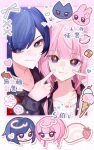  2girls blue_eyes blue_hair blush braid cake cat chocolate closed_mouth commentary fingers_to_cheeks food fruit highres ice_cream kaf_(kamitsubaki_studio) kamitsubaki_studio long_hair macaron multiple_girls rabbit rim_(kamitsubaki_studio) short_hair smile strawberry swiss_roll translation_request twin_braids untranslatable_commentary virtual_youtuber xxmui3u yellow_pupils 