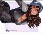  1girl absolute_dc black_jacket black_pants border breasts brown_hair catwoman_(absolute_dc) cleavage cleavage_cutout clothing_cutout curly_hair dark_skin dc_comics green_eyes helmet jacket marker_(medium) medium_breasts omar_dogan pants purple_background scan traditional_media two-tone_background white_background white_border 