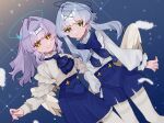  2girls angel angel_wings black_halo blue_halo blush commentary_request feathered_wings feathers green_eyes hair_ornament halo holding_hands long_hair looking_at_viewer mini_wings multiple_girls nitonitonitori original purple_hair smile star_(sky) white_hair white_wings wings x_hair_ornament yellow_eyes 