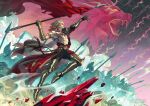  1boy ancient_greek_clothes arm_tattoo armor army blonde_hair braid commentary commission commissioner_upload english_commentary facial_tattoo gauntlets gradient_hair greco-roman_clothes greek_armor highres holding holding_polearm holding_shield holding_weapon honkai:_star_rail honkai_(series) jewelry lion multicolored_hair muscular muscular_male mydei_(honkai:_star_rail) necklace pauldrons polearm psdee_art shield shoulder_armor side_braid single_braid single_pauldron spear tattoo watermark weapon 