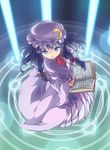  :o blue_background blue_eyes book bow crescent double_bun dress from_above hair_bow hat highres laser long_hair long_sleeves looking_at_viewer magic_circle mob_cap open_book outstretched_arm patchouli_knowledge purple_hair robe shinonome_haru sidelocks solo touhou wide_sleeves 