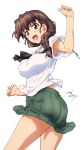  1girl armpit_peek ass bare_arms black_neckerchief blush bow braid braided_ponytail breasts brown_eyes brown_hair butt_crack commentary_request erakin girls_und_panzer green_skirt hair_bow hair_ornament hairclip highres large_breasts long_hair miniskirt neckerchief ooarai_school_uniform open_mouth pleated_skirt ponytail rukuriri_(girls_und_panzer) sailor_collar school_uniform shirt simple_background single_braid skirt smile solo thighs white_background white_sailor_collar white_shirt 
