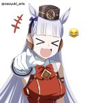  >_< +++ 1girl absurdres animal_ears armband blunt_bangs bow bowtie breasts closed_eyes commentary dress ear_bow ear_ribbon emoji facing_viewer gloves gold_ship_(red_strife)_(umamusume) gold_ship_(umamusume) grey_hair hat highres horse_ears horse_girl large_breasts laughing long_hair naoyuki_arts open_mouth pillbox_hat pointing pointing_at_viewer red_bow red_dress sleeveless sleeveless_dress smile solo striped_armband striped_clothes umamusume upper_body white_gloves 