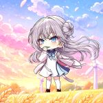  1girl anemoi blue_bow blue_dress blue_eyes blue_sky blush bow brown_shoes cardigan chibi chibi_only cloud commentary_request double_bun dress dress_bow eyelashes falling_petals floating_hair full_body gensou_roukaku grey_hair hair_between_eyes hair_bun hair_intakes hand_up highres leaf leaf_in_mouth long_hair long_sleeves looking_ahead open_cardigan open_clothes outdoors petals pink_cardigan pink_sky school_uniform shoes sidelocks sky solo standing sunset thighhighs tsujikura_spica two-tone_dress very_long_hair wheat wheat_field white_dress white_thighhighs windmill yellow_sky zettai_ryouiki 