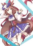  1girl animal_ears belt_bag blue_bow blue_hat boots boushi-ya bow breasts brown_boots brown_hair center_frills clothing_cutout collared_shirt commentary corset ears_through_headwear frills hair_ornament hairclip hand_up hat horse_ears horse_girl horse_tail looking_at_viewer matikanetannhauser_(clippety-tippety-clop)_(umamusume) matikanetannhauser_(umamusume) medium_hair multicolored_hair newsboy_cap open_mouth parallel_hairclips red_corset red_socks shirt shoulder_cutout smile socks solo streaked_hair tail tilted_headwear umamusume white_shirt yellow_eyes 