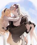  2girls absurdres animal_ears arknights arms_around_neck black_dress black_jacket blonde_hair carrying chinese_commentary closed_eyes closed_mouth commentary_request cropped_jacket dog_ears dog_girl dog_tail dragon_girl dragon_horns dragon_tail dress droopy_ears grey_hair grey_jacket grey_shirt highres horns jacket joshua_(shisanli934) kristen_(arknights) long_hair long_sleeves multiple_girls open_mouth orange_eyes outdoors princess_carry saria_(arknights) shirt standing tail yuri 