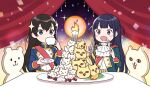  2girls :d aiguillette animal-themed_food ascot bear belt belt_buckle black_hair blue_background blue_eyes blue_jacket blunt_bangs blush buckle buttons cat character-themed_food character_cutout cherry commentary_request covered_mouth cream cup curtains double-parted_bangs drinking epaulettes food fork fruit gradient_background green_jacket hand_up holding holding_cup holding_fork holding_knife holding_saucer ito_fumi jacket kagura_hikari knife lapels long_hair long_sleeves looking_ahead looking_at_food mr._white_(revue_starlight) multicolored_jacket multiple_girls non-circular_lens_flare open_mouth orange_(fruit) orange_slice plate polar_bear purple_eyes purple_hair red_sash sash saucer shoujo_kageki_revue_starlight shoulder_sash smile sparkle sparkle_hair_ornament stage_curtains star_(symbol) stuffed_animal stuffed_toy suzudaru_cat table teacup teddy_bear torch tsuyuzaki_mahiru two-sided_fabric two-sided_jacket two-tone_jacket two_side_up white_ascot white_jacket yellow_background yellow_belt yellow_jacket yellow_trim 
