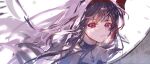  1girl absurdres akemi_homura akuma_homura armlet bare_shoulders black_choker black_shirt black_wings bow breasts chinese_commentary choker cleavage closed_mouth commentary_request crying crying_with_eyes_open dress feathered_wings feathers floating_hair frown hair_bow hairband highres jewelry long_hair mahou_shoujo_madoka_magica mahou_shoujo_madoka_magica:_hangyaku_no_monogatari muqingqingqing pointy_nose purple_eyes purple_hair red_bow red_hairband sad shirt solo strapless strapless_dress teardrop tears upper_body very_long_hair white_background wind wings 