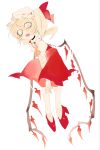  1girl ascot bags_under_eyes bat_wings blonde_hair commentary_request crystal crystal_wings drooling flandre_scarlet hat hat_ribbon highres mob_cap multicolored_wings one_side_up red_eyes red_skirt red_vest revision ribbon side_ponytail skirt skirt_set solo touhou usa37107692 vest white_hat wings yellow_ascot 