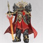  1boy absurdres armor armored_boots black_armor boots borrowed_character cape commentary_request facing_viewer fire flaming_sword flaming_weapon full_armor full_body gauntlets greatsword grey_background helmet highres holding holding_sword holding_weapon male_focus original pauldrons red_cape shoulder_armor solo sword weapon yitai_zhi_meng 
