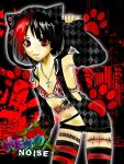  1girl animal_ears animal_hands black_background black_hair black_hoodie black_nails black_pants black_sleeves black_socks black_tail bra cat_tail checkered_clothes commentary_request copyright_name cowboy_shot detached_sleeves djkurara earrings fake_animal_ears fang full_body highres hood hood_up hooded_jacket hoodie j-core jacket jewelry kina_punch kneehighs looking_at_viewer multicolored_hair necklace nekonoise ok_sign open_mouth pants radioa_kurara red_background red_bra red_eyes red_hair red_socks shadow sharp_teeth shorts smile socks solo streaked_hair striped_clothes striped_thighhighs tail tattoo teeth thighhighs two-tone_hair underwear waveform white_bra 