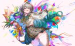  1girl absurdres black_hairband blue_flower bow bowtie commentary feet_out_of_frame firefly_(honkai:_star_rail) firefly_(spring_missive)_(honkai:_star_rail) flower gradient_eyes gradient_hair green_bow green_bowtie grey_hair grey_sailor_collar hair_between_eyes hair_intakes hairband highres honkai:_star_rail honkai_(series) long_hair looking_at_viewer multicolored_eyes multicolored_hair official_alternate_costume petals pink_flower purple_eyes purple_flower sailor_collar school_uniform serafuku shirt solo thighhighs two-tone_eyes white_shirt white_thighhighs yuki_flourish 