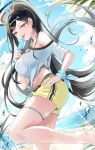  1girl alt_text alternate_costume beach bird black_hair blue_archive blue_sky blue_strap bra bra_peek breasts cloud commentary_request cropped_shirt feet_out_of_frame food hair_ornament hairclip halo highres holding holding_food holding_popsicle large_breasts leg_up licking long_hair looking_at_viewer melting_popsicle ocean open_mouth outdoors palm_tree panties panty_peek parted_bangs pippin_(pippin_sol) popsicle red_eyes red_halo ringed_eyes rio_(blue_archive) sand shirt shorts single_bare_shoulder single_off_shoulder sky solo standing standing_on_one_leg thigh_strap tongue tree underwear very_long_hair water white_shirt yellow_shorts 