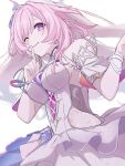  1girl ;) breasts commentary_request cyrene_(demiurge)_(honkai:_star_rail) cyrene_(honkai:_star_rail) detached_sleeves diamond-shaped_pupils diamond_(shape) dress finger_to_mouth hair_intakes highres honkai:_star_rail honkai_(series) large_breasts long_hair looking_at_viewer multicolored_hair one_eye_closed pink_hair pointy_ears purple_eyes shushing simple_background smile solo symbol-shaped_pupils two-tone_hair uki_a_me very_long_hair white_background white_dress white_hair 