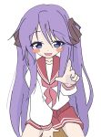  1girl blush_stickers commentary_request highres hiiragi_kagami looking_at_viewer lucky_star neckerchief pink_neckerchief pointing pointing_at_viewer purple_eyes purple_hair red_sailor_collar ryouou_school_uniform sailor_collar school_uniform simple_background sketch solo twintails west_shaba white_background 