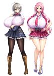  2girls absurdres aizawa_momoka belka_valentina black_pantyhose blue_skirt blush boots breasts brown_boots btk_(vakamenga_bongu) closed_mouth commentary_request dress gigantic_breasts green_eyes grey_hair hand_on_own_chest highres honoo_no_haramase_oppai_ero_appli_gakuen honoo_no_haramase_paidol_my_star_gakuen_z idol jewelry long_hair looking_at_viewer medium_hair multiple_girls necklace necktie pantyhose pink_dress pink_hair red_necktie red_ribbon red_skirt ribbon school_uniform simple_background skirt smile standing white_background yellow_ribbon 