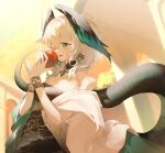  1girl absurdres ambience_synesthesia aqua_eyes arknights bare_shoulders black_dress bracelet breasts collar commentary cowboy_shot dress earrings feathered_wings food fruit grey_hair hair_between_eyes hands_up head_wings highres ho'olheyak_(arknights) ho'olheyak_(carriage_of_the_winds_of_time)_(arknights) holding holding_food holding_fruit jewelry looking_at_viewer medium_hair namekuji7744 official_alternate_costume one_eye_closed parted_lips shawl snake_tail solo strapless strapless_dress tail untranslatable_commentary white_shawl wings 