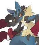  1other black_hair commentary_request furry lucario mega_lucario mega_pokemon multicolored_hair orange_eyes pokemon pokemon_(creature) pokemon_focus red_hair simple_background smile sparkle spikes standing torank_cdk two-tone_hair white_background 
