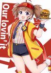  1girl :d ahoge alternate_eye_color arrow_(symbol) back_ribbon badge bandaid bandaid_on_knee bandaid_on_leg black_necktie black_shorts blush brown_hair burger button_badge collared_shirt commentary contrast_collar cowboy_shot cut_bangs employee_uniform english_text fast_food_uniform food hand_on_own_hip hand_up happi headset highres holding holding_tray imadake_dabuchi_tabemi japanese_clothes leg_up looking_at_viewer mcdonald's miu_pal necktie open_happi open_mouth outline pinstripe_pattern pinstripe_shirt purple_eyes red_ribbon red_shoes red_trim red_visor_cap ribbon shirt shirt_tucked_in shoes short_hair short_shorts short_sleeves short_twintails shorts smile socks solo striped_clothes striped_shirt thick_thighs thighs tie_clip tray twintails vertical-striped_clothes vertical-striped_shirt visor_cap white_background white_outline white_shirt white_socks wristband yellow_happi 