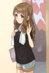  bag black_shirt blush commentary_request handbag highres idolmaster idolmaster_million_live! idolmaster_million_live!_theater_days miyao_miya onsen parted_bangs purple_eyes shirt shorts splashab steam towel towel_around_neck waving wavy_hair 