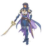  1girl absurdres armor ayra_(fire_emblem) balmung_(fire_emblem) blue_boots blue_cape blue_eyes blue_gloves blue_hair bodysuit boots breastplate breasts cape commentary dark-skinned_female dark_skin elbow_gloves english_commentary falchion_(fire_emblem) fingerless_gloves fire_emblem fire_emblem:_genealogy_of_the_holy_war fire_emblem_awakening full_body fusion gloves heterochromia highres holding holding_sword holding_weapon juicet1n long_hair looking_at_viewer lucina_(fire_emblem) pauldrons pelvic_curtain purple_cape ribbed_bodysuit scabbard serious sheath shoulder_armor small_breasts solo standing sword thigh_boots tiara two-sided_cape two-sided_fabric weapon yellow_eyes 