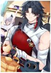 1boy 1girl absurdres animalization apple apron arm_behind_head arms_up badge bandaged_arm bandaged_chest bandages black_gloves black_hair black_sports_bra blade_(honkai:_star_rail) breasts butter button_badge cake_cat_(honkai:_star_rail) cat closed_eyes closed_mouth coffee_mug commentary_request cup earrings food fruit frying_pan gloves grey_hair hair_between_eyes hair_ribbon highres holding holding_food holding_fruit holding_knife honkai:_star_rail honkai_(series) indoors jewelry kitchen_knife knife looking_at_viewer male_focus medium_breasts mortenax_blade_(honkai:_star_rail) mug open_mouth orange_eyes pancake pancake_stack peeling person_and_animalization ponytail red_apron ribbon scar scar_on_arm shirt silver_wolf_(gateau_gamer)_(honkai:_star_rail) silver_wolf_(honkai:_star_rail) single_earring solo_focus sports_bra squeans sticky_note stretching tassel tassel_earrings television tiizumaru98 toned toned_male trailblazer_(baseball_raccoon)_(honkai:_star_rail) trailblazer_(honkai:_star_rail) white_shirt yawning 