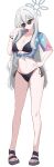  1girl absurdres bikini black_bikini black_sandals black_shoes blue_archive blue_shirt bracelet breasts collarbone commentary_request floral_print floral_print_shirt full_body grey_eyes grey_hair grey_halo halo hand_on_own_hip hawaiian_shirt highres jewelry konoka_(blue_archive) long_hair multiple_bracelets navel print_shirt sandals shirt shoes side-tie_bikini_bottom simple_background smile solo swimsuit tied_shirt valery white_background 