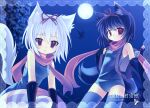 2girls animal_ears backpack bag black_hair commentary cowboy_shot dragon fox_ears fox_tail full_moon hair_ribbon highres looking_at_viewer mashiro_(plumaos_academy) moon multiple_girls night one-piece_swimsuit plumaos_academy pukapukavec red_scarf ribbon rockefeller_street scarf short_hair striped_clothes striped_thighhighs swimsuit tail thighhighs untranslatable_commentary white_hair yellow_eyes 
