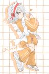 5_inaba apron blue_eyes commentary_request finger_heart grid_background highres jacket jersey_maid looking_at_viewer looking_back loose_socks maid maid_apron maid_headdress medium_hair orange_jacket raine_sage shoes shorts sneakers socks tales_of_(series) tales_of_symphonia track_jacket twitter_username unconventional_maid white_background white_hair 