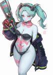  1girl absurdres alternate_breast_size_(larger) aqua_hair artist_name bad_source black_bra black_jacket black_panties bra breasts chascoby cleavage colored_sclera colored_skin commentary cyberpunk:_edgerunners cyberpunk_(series) feet_out_of_frame finger_on_trigger grey_skin gun highres holding holding_gun holding_weapon jacket leg_tattoo light_blush long_sleeves looking_at_viewer medium_breasts navel neck_tattoo off_shoulder open_clothes open_jacket panties patreon_logo patreon_username pink_tattoo puffy_long_sleeves puffy_sleeves rebecca_(cyberpunk) red_pupils red_sclera samurai_jacket_(cyberpunk) short_eyebrows simple_background sleeves_past_fingers sleeves_past_wrists solo standing stomach_tattoo tattoo twintails underwear weapon white_background zipper_pull_tab 