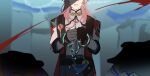  1boy bead_bracelet beads belt black_belt black_gloves blue_pants bracelet chinese_clothes clenched_hands commentary_request cuffs fox_boy gloves hands_up highres honkai:_star_rail honkai_(series) jewelry jiaoqiu_(honkai:_star_rail) long_hair long_sleeves male_focus o-ring o-ring_belt open_clothes pants pink_hair red_shrug shirt shrug_(clothing) sidelocks single_glove solo tangzhuang tassel teeth white_shirt zassyoku_dd 