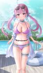  1girl ahoge bare_shoulders bikini black_bow blue_hair blue_ribbon blue_sky blush bow braid breasts choker cleavage closed_mouth cloud cloudy_sky collarbone colored_inner_hair commentary_request day drill_hair eyewear_on_head frilled_bikini frilled_choker frills hair_ribbon highres hololive innertube knees large_breasts long_hair long_sleeves looking_at_viewer minato_aqua mochiki_927 multicolored_hair navel outdoors palm_tree parasol pink_eyes pink_hair pool pool_ladder purple_bikini ribbon shirt sky solo standing stomach streaked_hair sunglasses swim_ring swimsuit thigh_strap thighs tree twin_drills two-tone_hair umbrella virtual_youtuber water white_choker white_shirt 