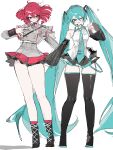  2girls absurdres ahoge aqua_eyes aqua_hair aqua_nails aqua_necktie bare_shoulders black_boots black_sleeves boots bow breasts buttons detached_sleeves double-breasted drill_hair full_body grey_jacket grey_shirt grey_skirt hair_between_eyes hair_bow hair_ornament hair_ribbon hatsune_miku headset heart highres jacket kasane_teto kasane_teto_(sv) knees lace-up_boots long_hair long_sleeves looking_at_viewer multiple_girls musical_staff musical_staff_print necktie one_eye_closed open_mouth red_eyes red_hair red_trim ribbon shirt shoulder_belt shoulder_boards simple_background skirt sleeve_cuffs sleeveless sleeveless_shirt small_breasts smile striped_clothes striped_jacket synthesizer_v thighhighs twin_drills twintails ummwa utau v very_long_hair vocaloid white_background white_bow white_ribbon zettai_ryouiki 